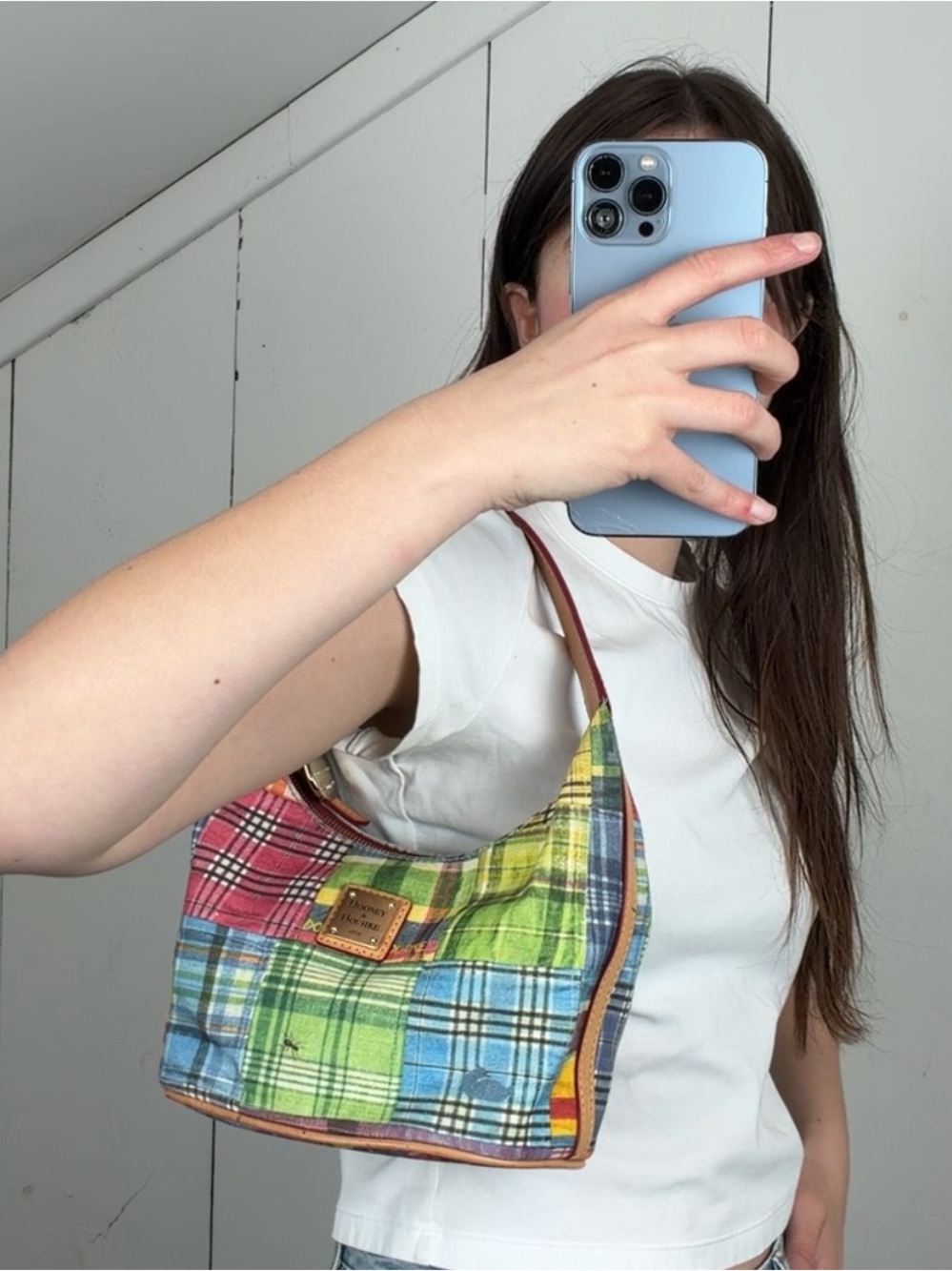 Vintage Dooney & Bourke Multicolor Plaid Patchwork Hobo Shoulder Bag Zip Closure